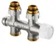 Oventrop Anschlussarmatur mit zwei Anschlussstutzen, einem Eurokonus und einem Gewinde, aus Metall gefertigt, für die Installation von Heizungs- oder Sanitärsystemen geeignet.
